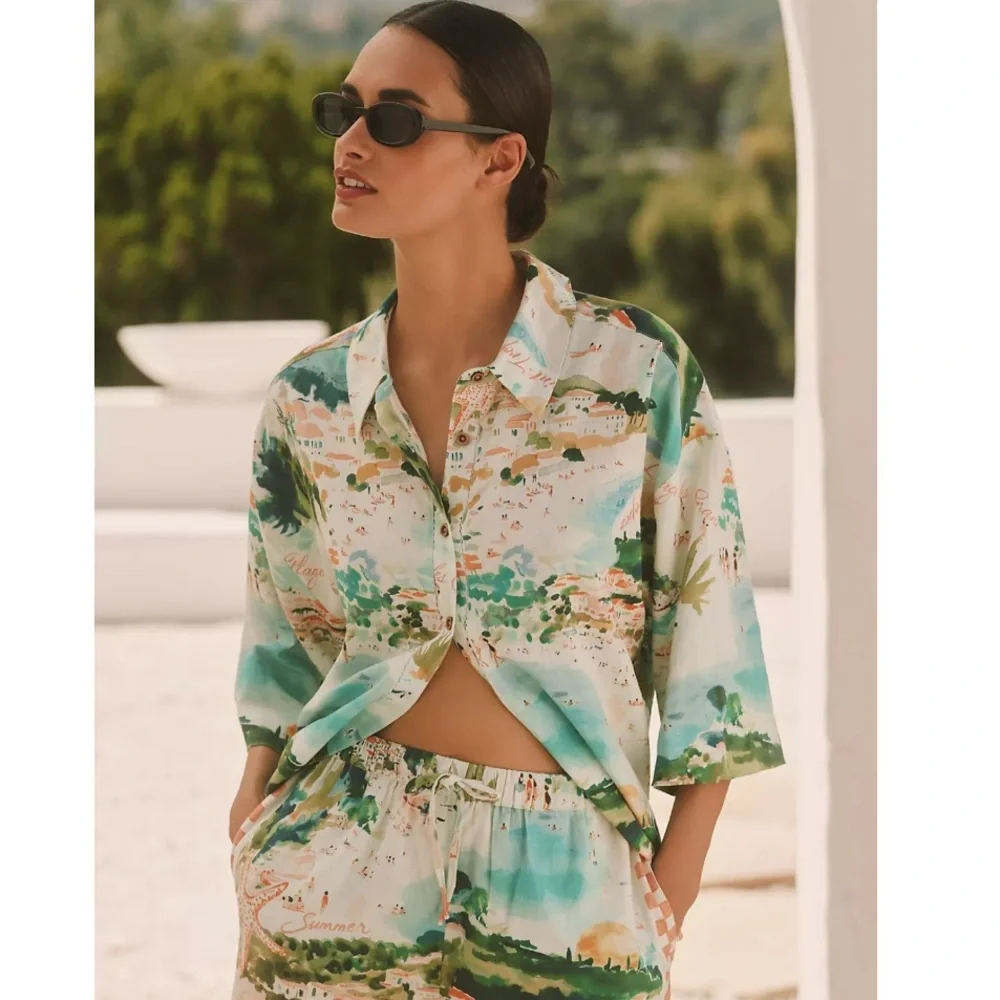 Anthropologie Celandine Linen Blend Shirt Size Small NWT Coastal Mediterranean